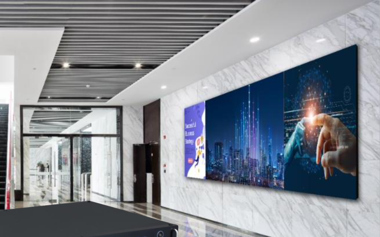 A video wall on a wall in a commercial facility